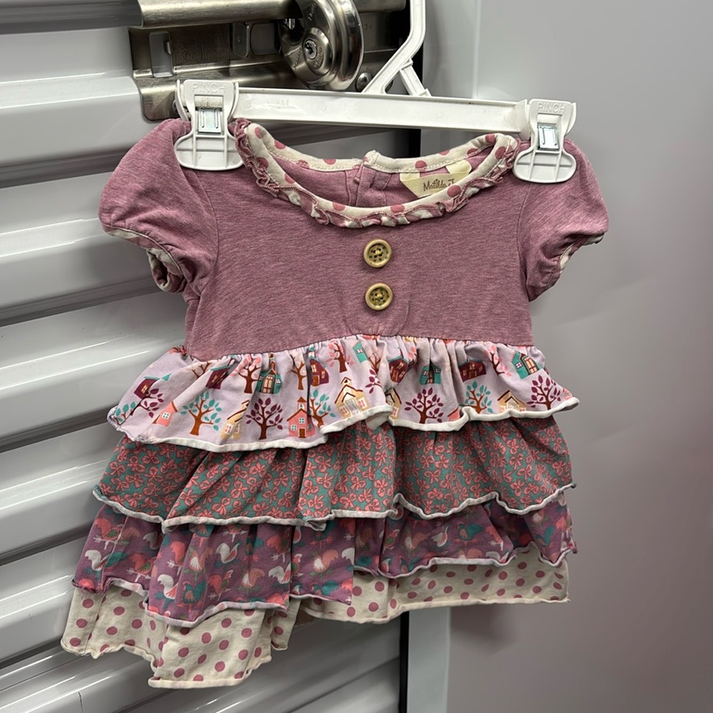 Matilda Jane Pink Purple Ruffled Dress Houses Bows Chickens Polka Dots 12-18M - Picture 2 of 16